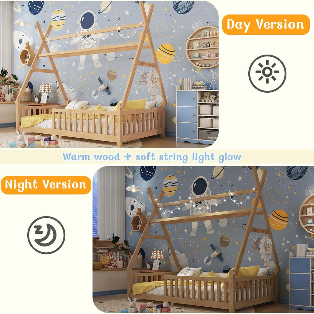 Teepee Floor Bed for Kids, Twin Size Tent Beds with LED Light & Hanging Rack, Detachable Montessori Floor Bed