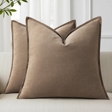 Fall Light Brown Linen Throw Pillow Covers 16x16 Set of 2