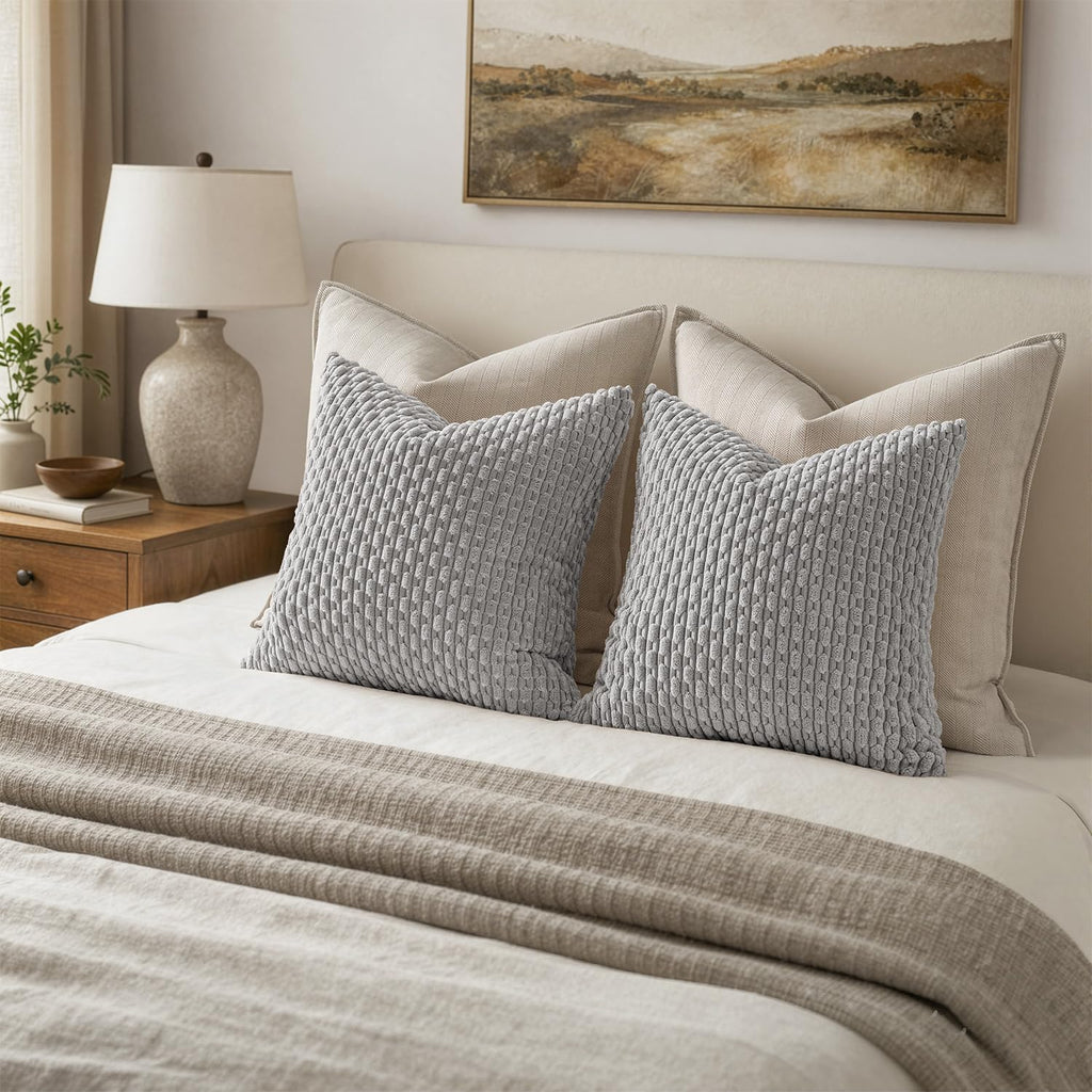 Euro Sham Decorative Throw Pillow Covers 24x24 Light Grey Corduroy