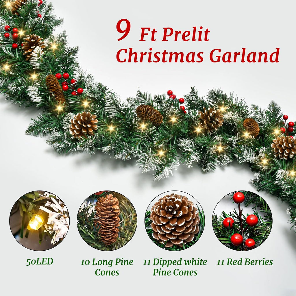 9 FT Christmas Garland with Lights,Battery Operated Lighted Garland with Pine Cones Red Berries Lush Branches,50 LED