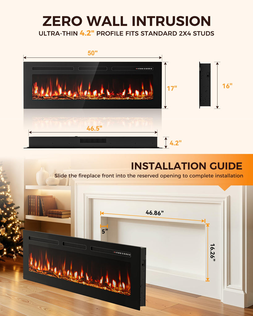 50" Smart WiFi Electric Fireplace Heater, Recessed Wall Mounted
