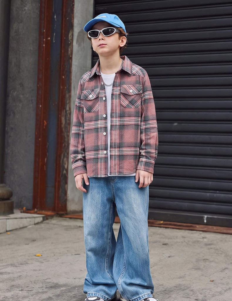 Boys Flannel Plaid Shirt Long Sleeve Button Down Casual Shirts