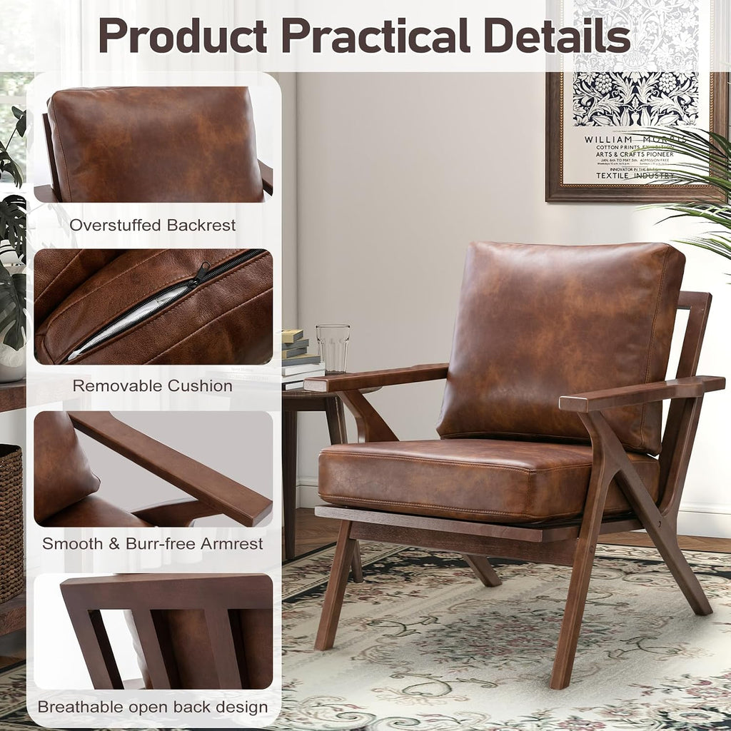 Faux Leather Accent Chair with Overstuffed Cushion, Mid-Century Modern Armchair with Solid Wood Frame, Upholstered