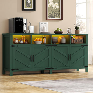 Buffet Sideboard with Storage with Power Outlets & LED Light, Large Farmhouse Kitchen Storage Cabinet Wood 4 Doors