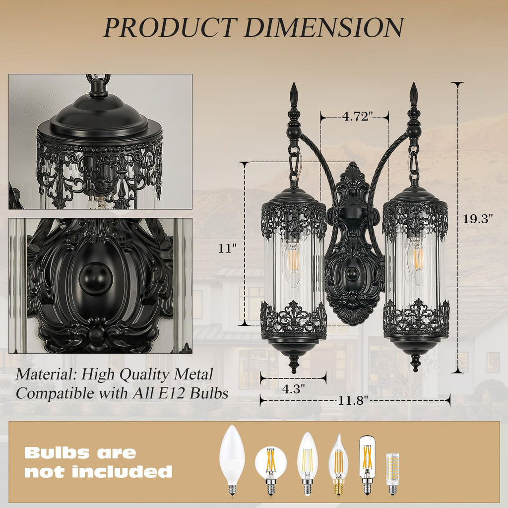 Rustic Wall Sconces, 2-light Hardwired Gothic Black Glass Wall Sconce