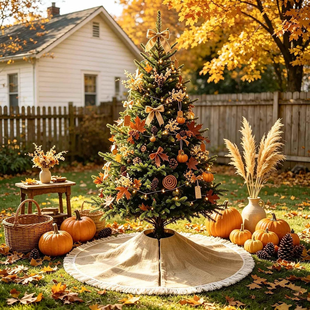 36" Burlap Tree Skirt with Tassel Farmhouse Jute Linen Fall Tree Skirt