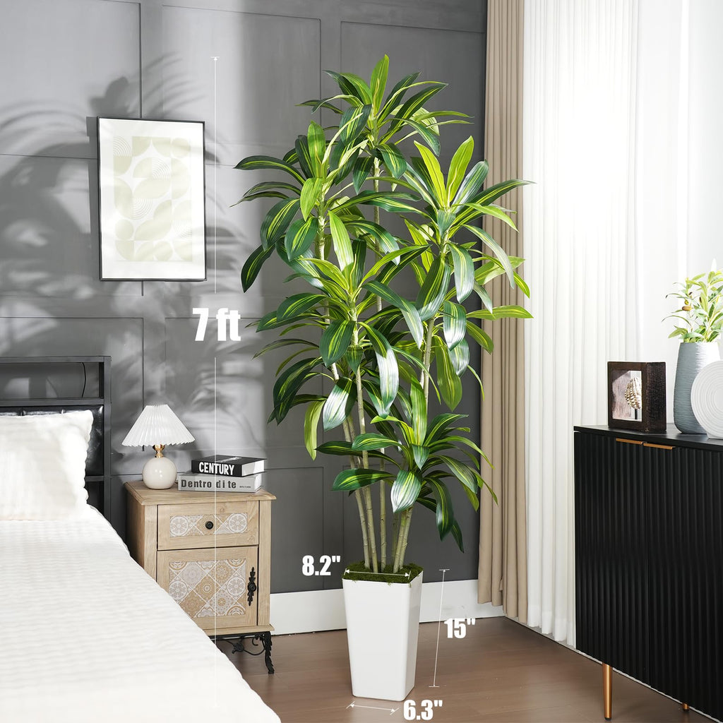 Dracaena Plant Artificial Tree 7Ft Tall Fake Tropical Floor Plants Potted (Real Touch) Artificial Silk Tree Leaf Faux