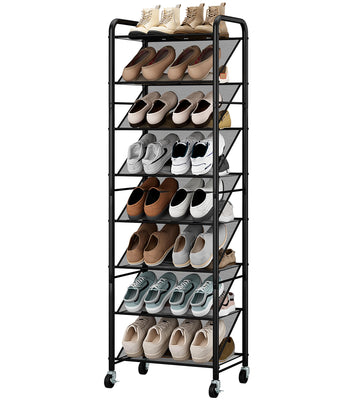 Double-Sided Narrow Shoe Rack with Lockable Wheels, 8-Tier 30 Pairs