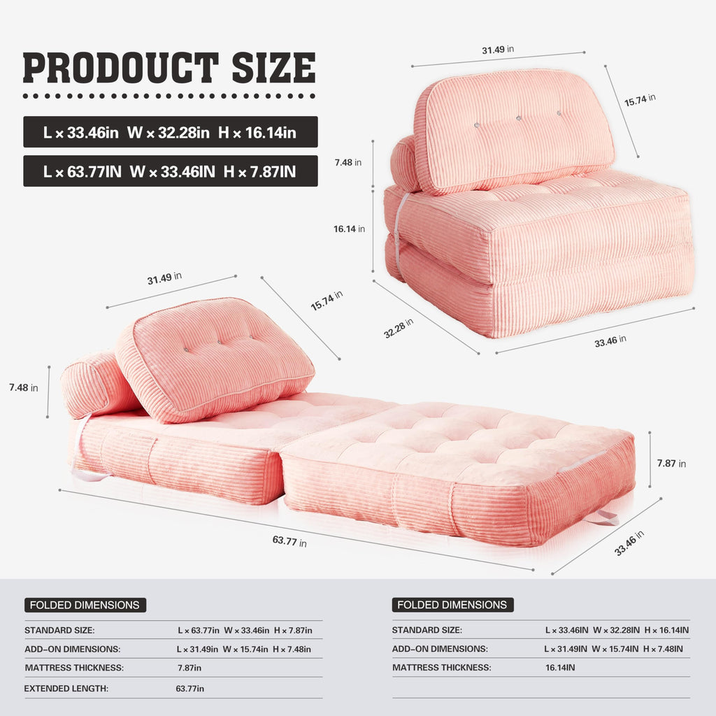 Folding Futon Sleeper Sofa Bed Chair, No Assembly, Pink 5