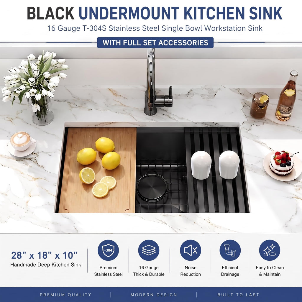 28 Inch Black Undermount, 16 Gauge Workstation Sink