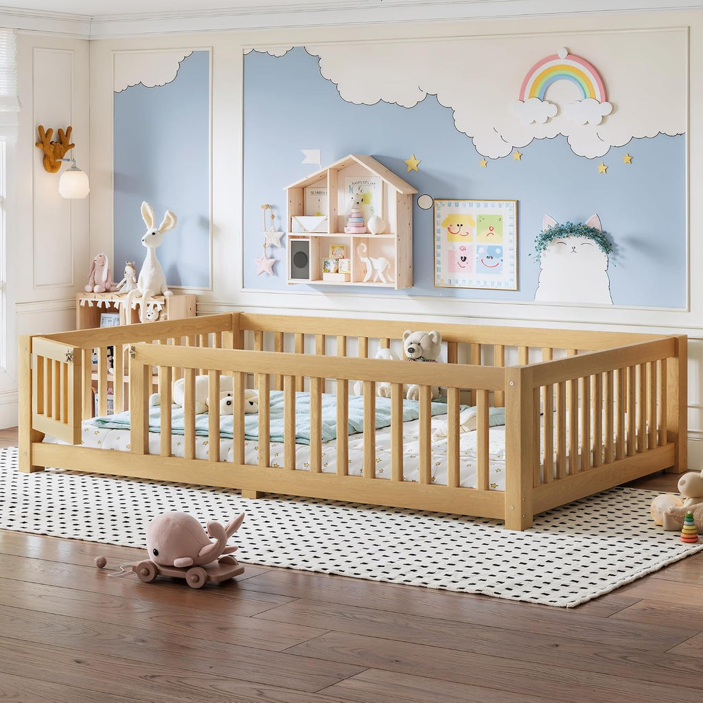 Montessori Floor Bed Frame with Slats and Fence for Kids, Natural