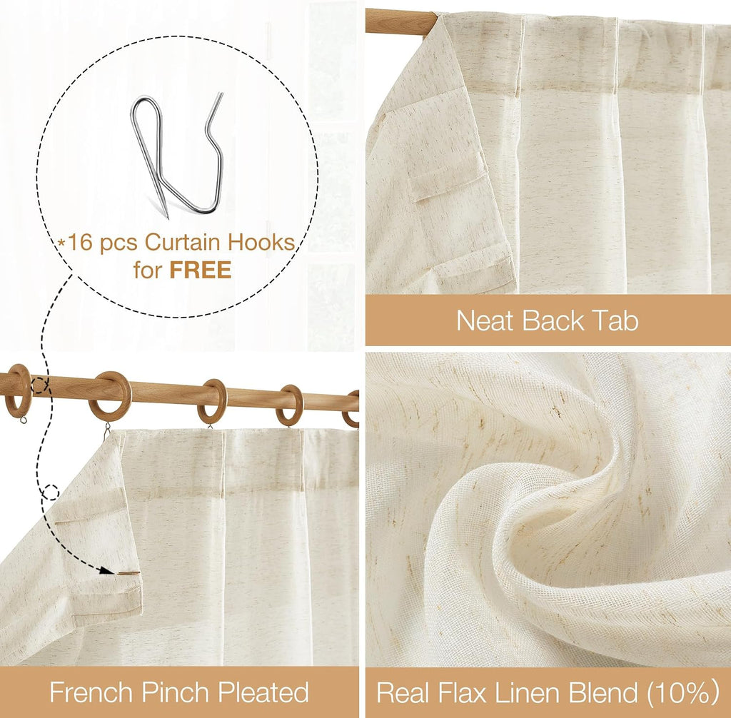 Linen Sheer Pinch Pleated Curtains, Linen Flax Beige 108 Inches Long Sheer Curtain See Through Panels, Natural Window