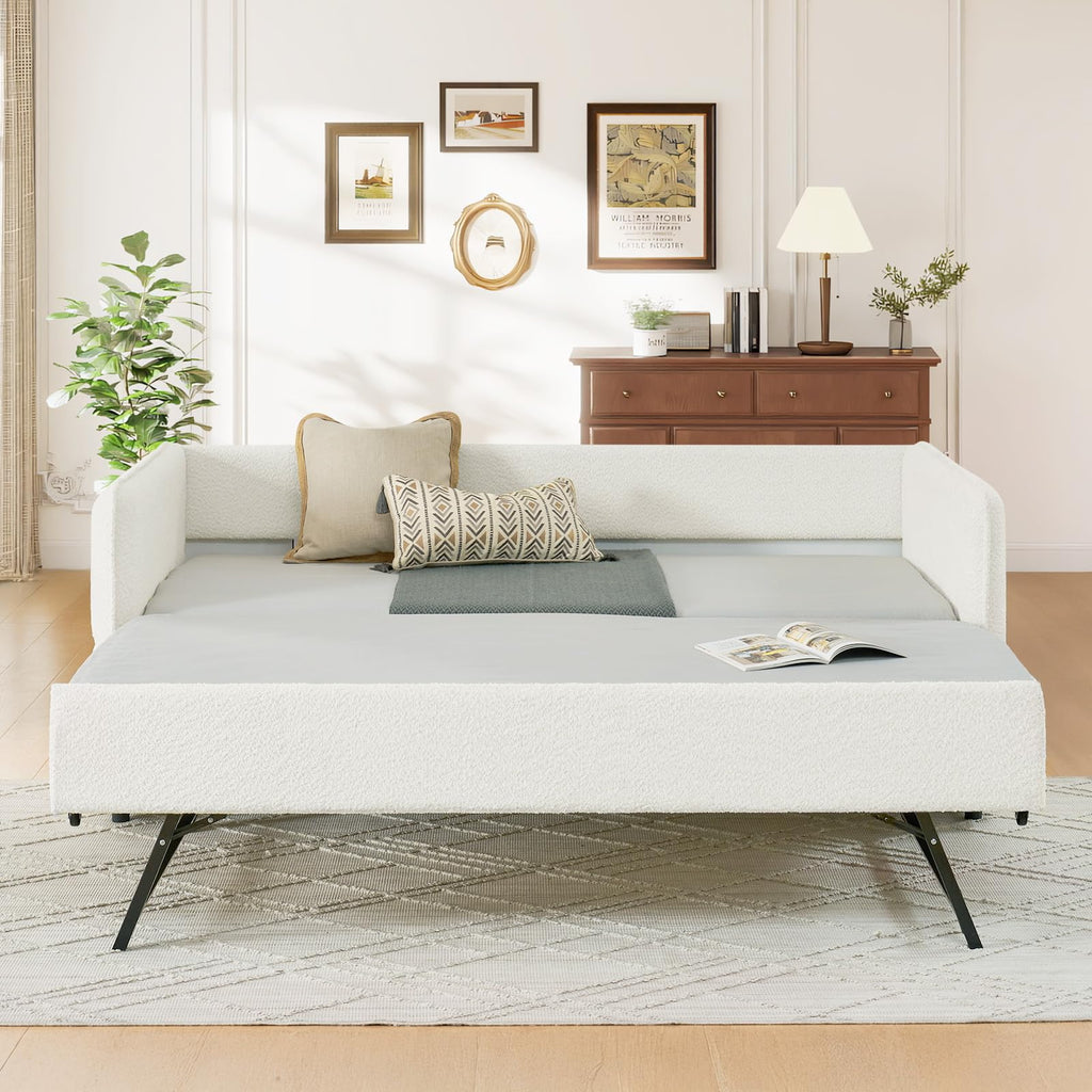 Twin Size Daybed, Upholstered Boucle Fabric Day Bed Frame with Twin Roll-Out Trundle and Wood Slats Support, No Box