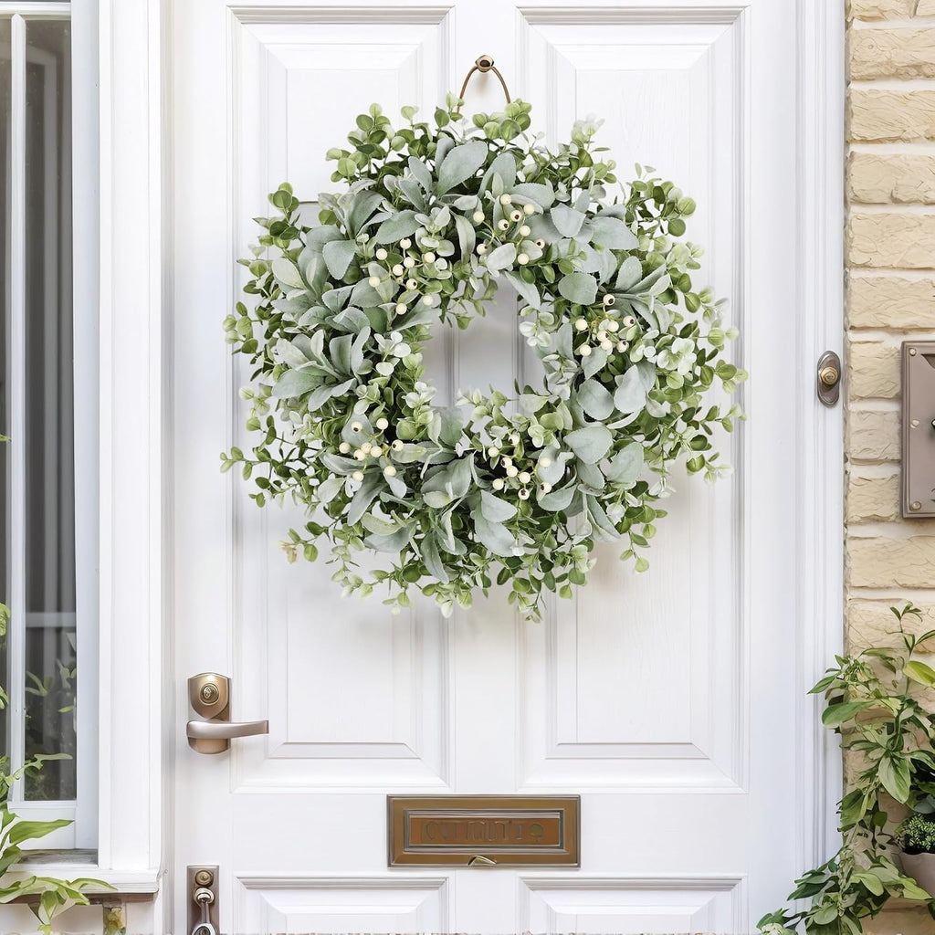 26 Inch Large Lambs Ear Wreaths for Front Door Spring Summer Lambs Leaves with White Berries, Artificial Greenery