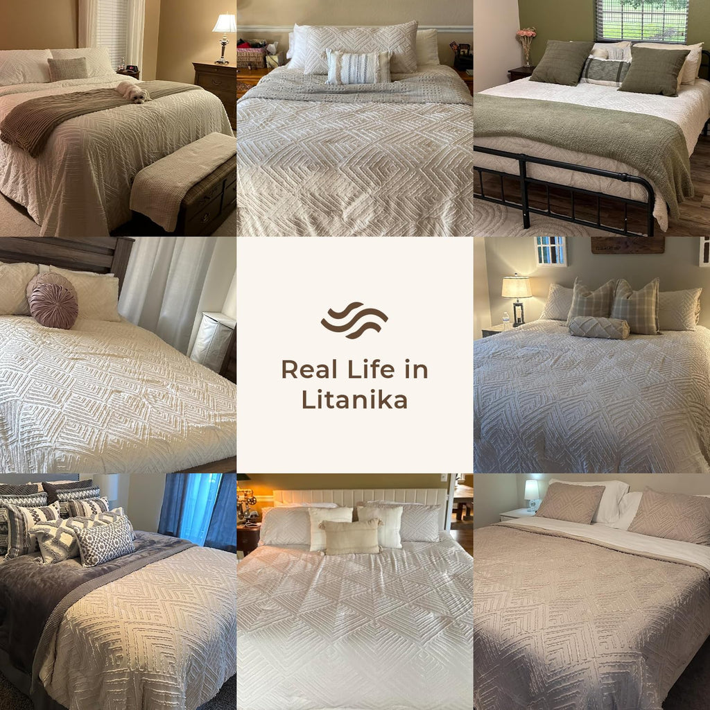 Queen Size Comforter Set, 3 Pieces Beige Tufted Boho Bedding Set