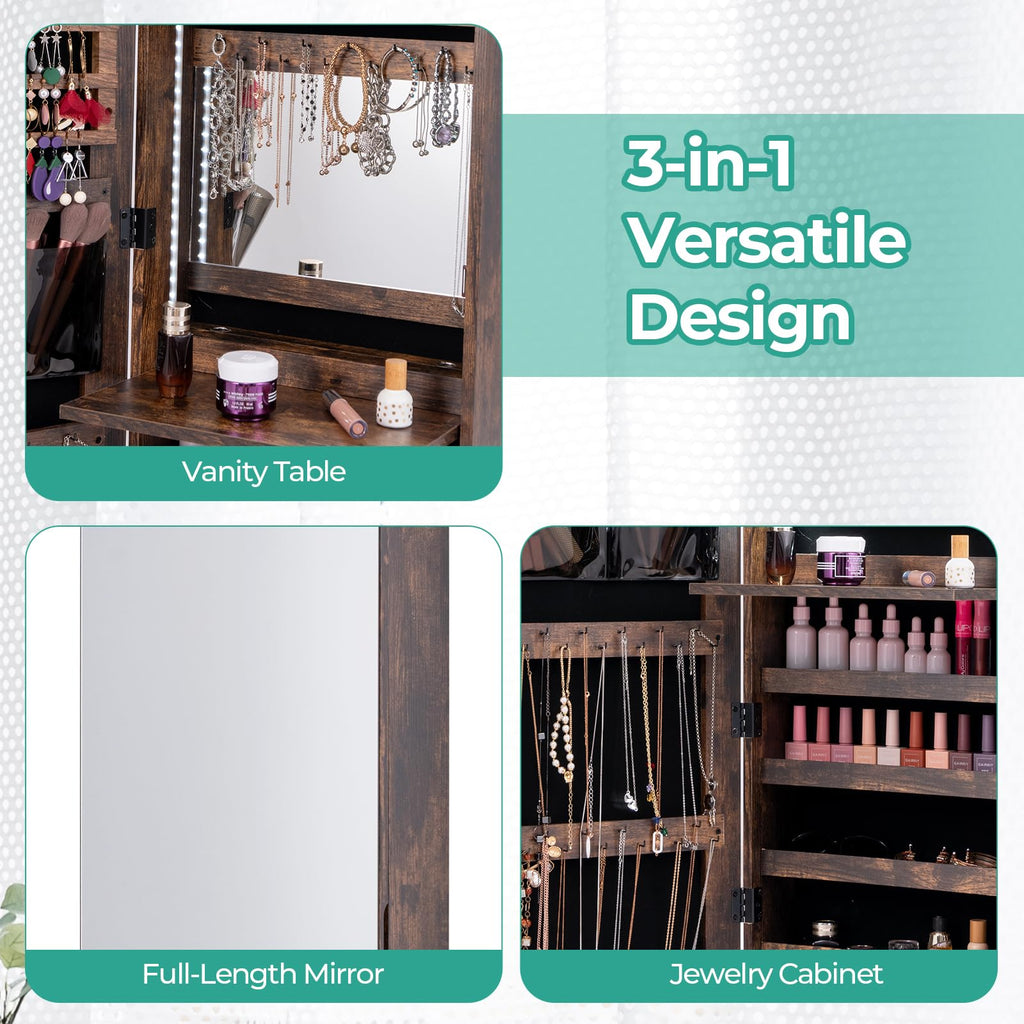 LED Mirror Jewelry Cabinet, Full Length Mirror with Jewelry Storage, Lockable Hanging Jewelry Holder Organizer with