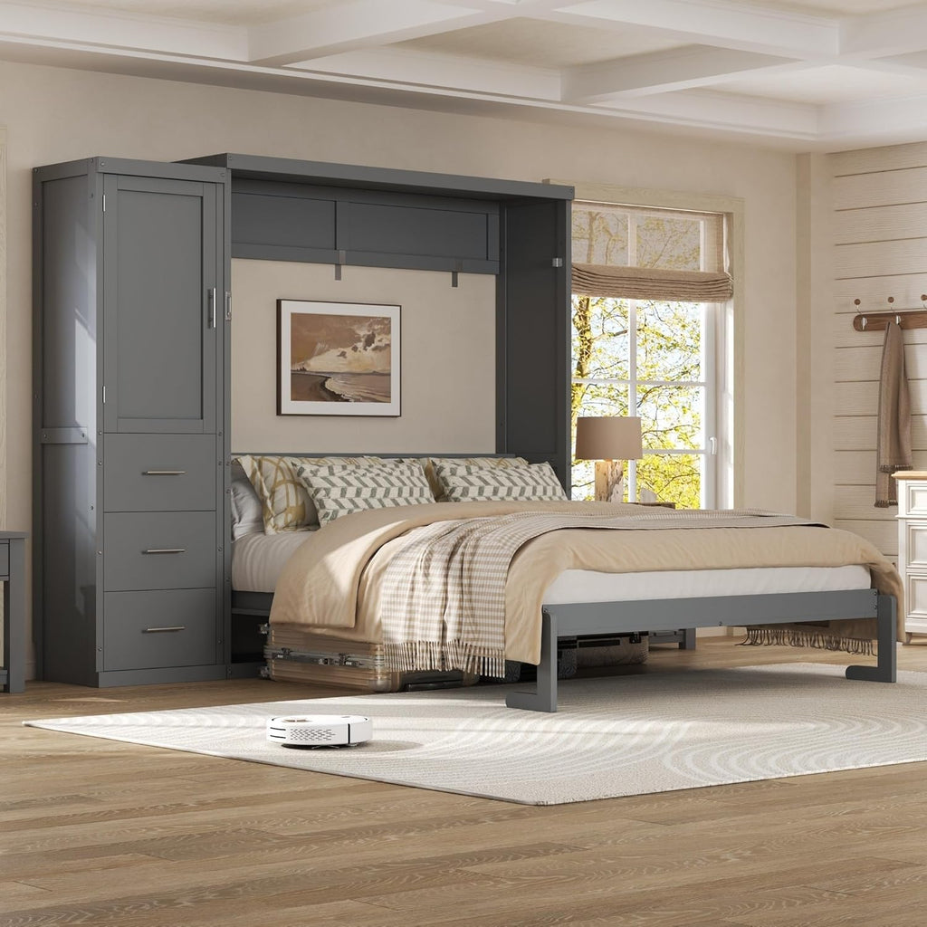 Queen Murphy Bed with Storage Wardrobe and Drawers,Solid Wood Farmhouse Murphy Wall Bed Cabinet with Drawers for