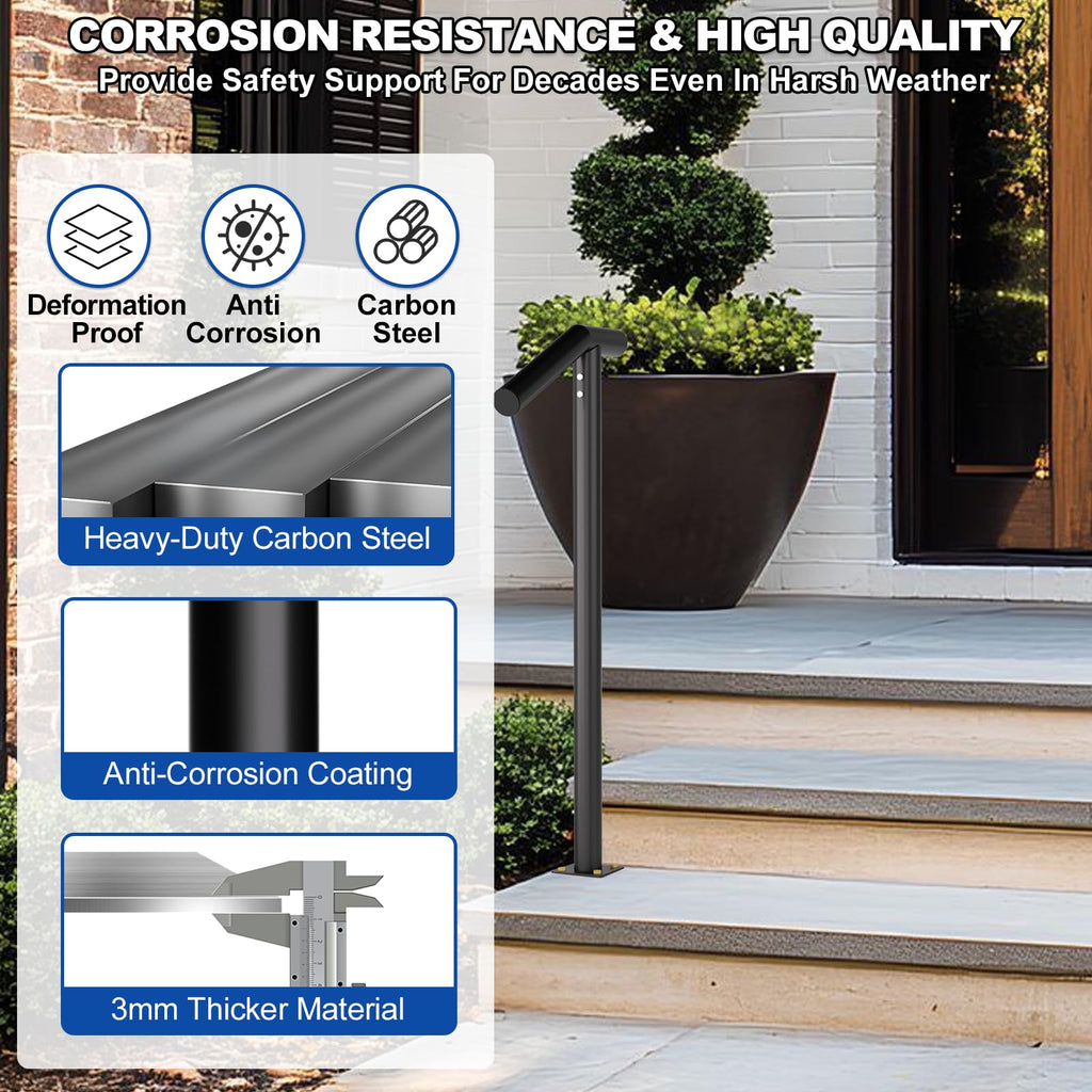 1-2 Step Single Post Handrail-Outdoor Stair Rail- Single Post Wrought Iron Handrail with DIY Tool Kit, 38" H Black