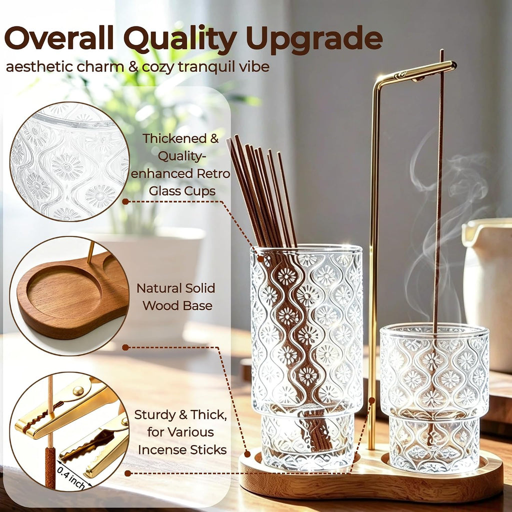 2 in1 Incense Holder Incense Burner for Sticks, Vintage Glass Incense Stick Holder Ash Collector Wooden Base