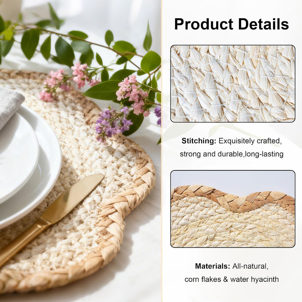 Sunflower Rattan Placemat Set, Woven Boho Table Mats, Natural - Set of 6
