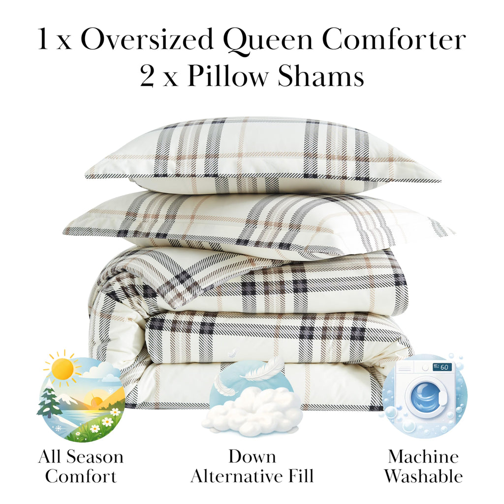 3 Piece Comforter Set w/ Shams, Tofu Cream Bedding Plaid