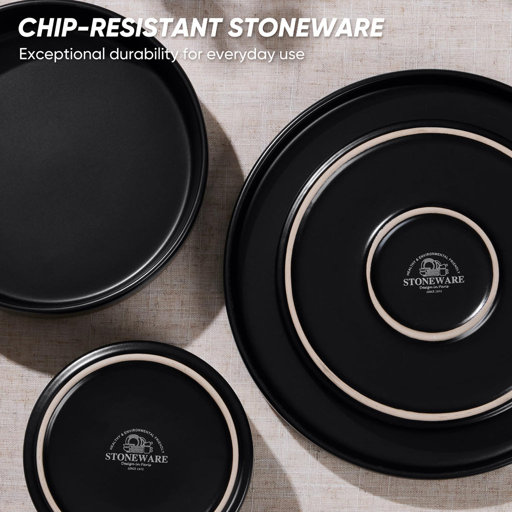 16-Piece Stoneware Dinnerware Sets with Pasta Bowls, Matte Black