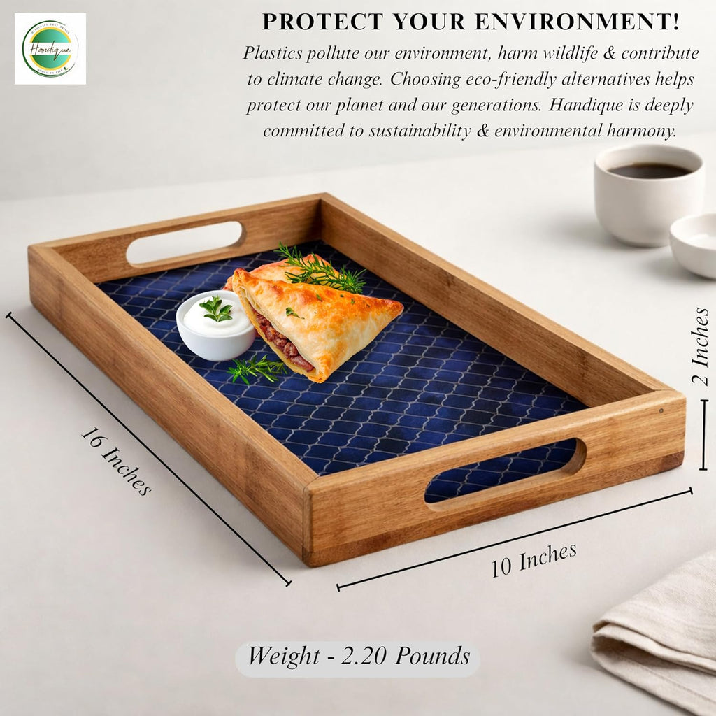 Large Wooden Designer Serving Tray with Handles & Coasters | Decorative Wood Serving Tray for Breakfast, Tea, Food &