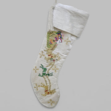 Handmade Velvet Christmas Stocking 21"x7" Beaded Santa & Reindeer Design Luxury Embroidered Holiday Stocking with