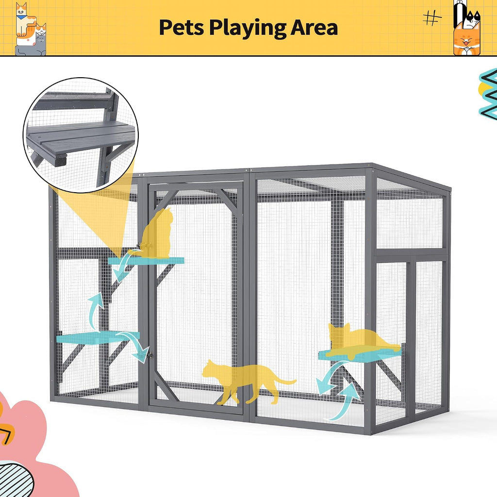 Outdoor Cat Catio House, Wooden Cat Habits with 3 Platforms, Lockable Doors, Top PC Sun Roof, Patio Yard Window