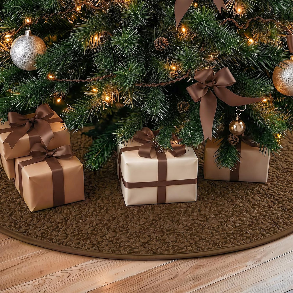 48'' Christmas Tree Skirt Rug Embossing Xmas Tree Skirt, Brown