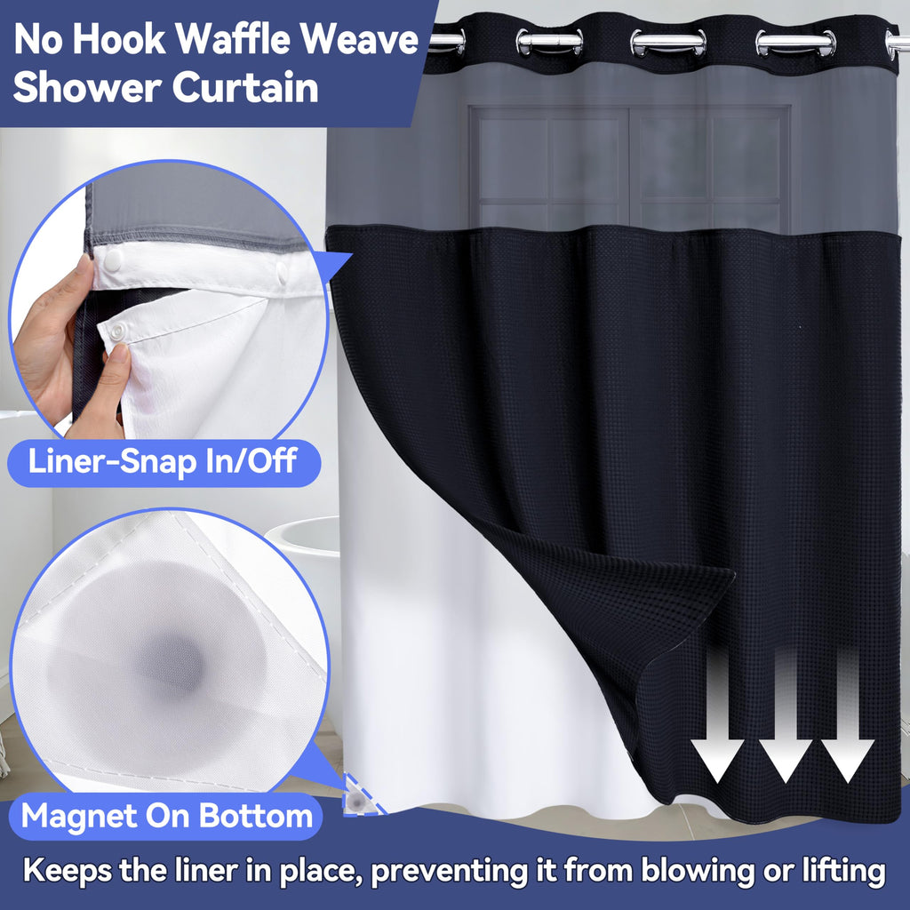 Extra Long No Hook Waffle Weave Shower Curtain with Snap in Liner Set, Hotel Luxury Black Shower Curtains with See