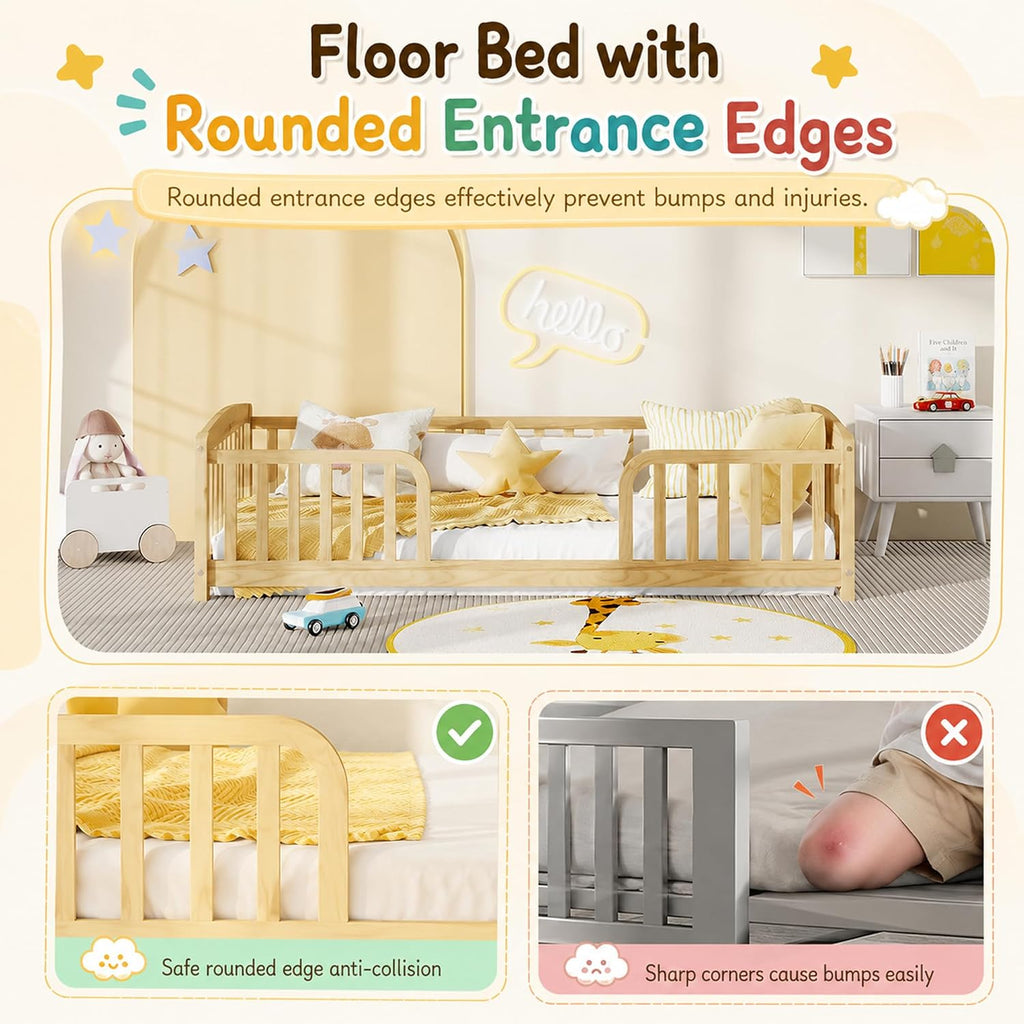 Twin Floor Bed with Rails, Pine Wood Montessori Bed with Central Entrance & Round Corner Design, Montessori Floor