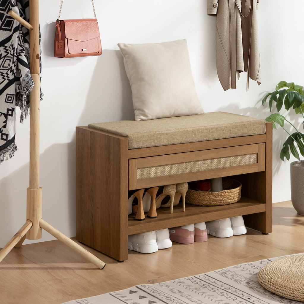 Rattan Shoe Bench Entryway Bench with Storage Drawer, Linen Cushion