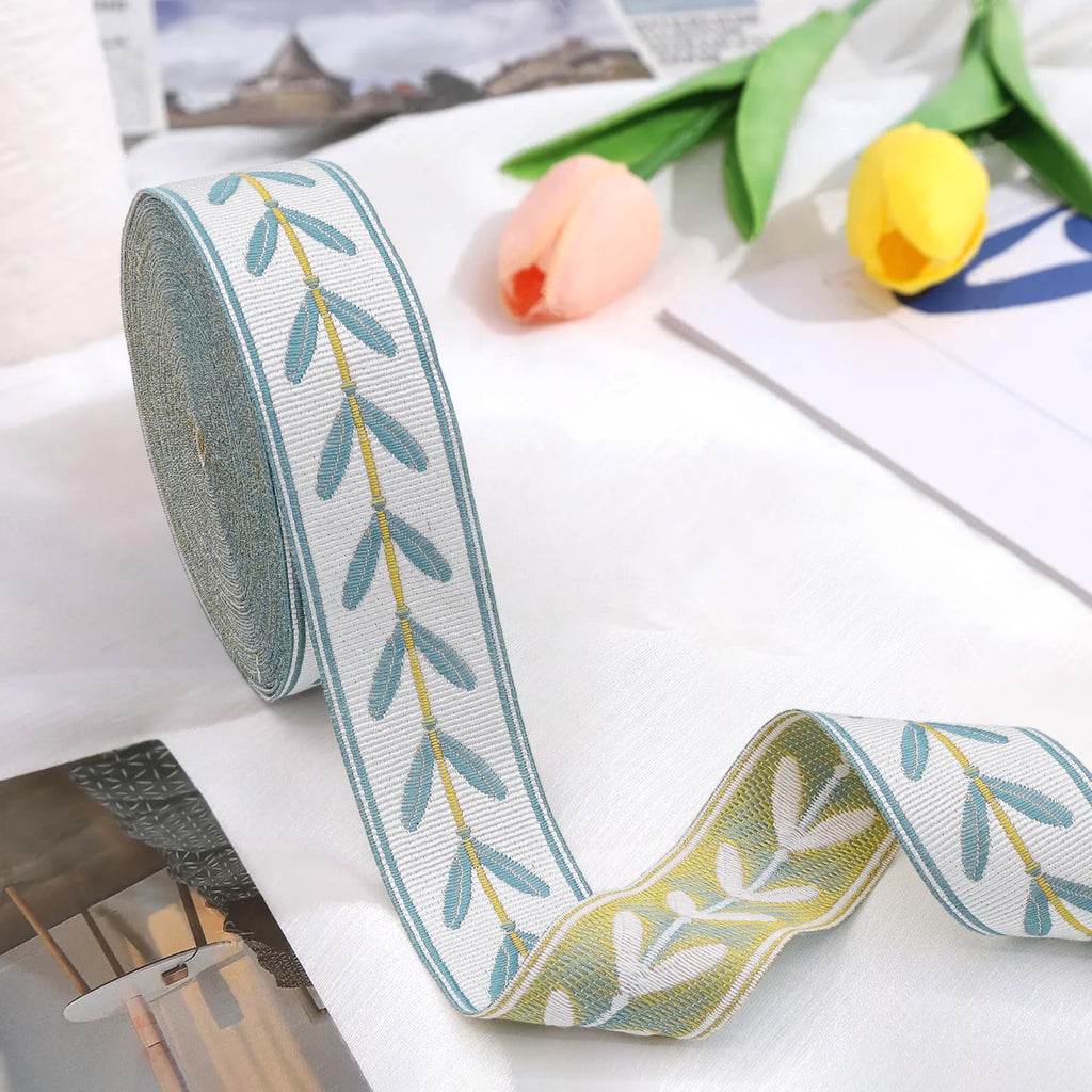 Jacquard Ribbon Trim 1.18 Inch Leaf Pattern Fabric Trim White Blue Leaves Jacquard Woven Embroidered - 10.9 Yards
