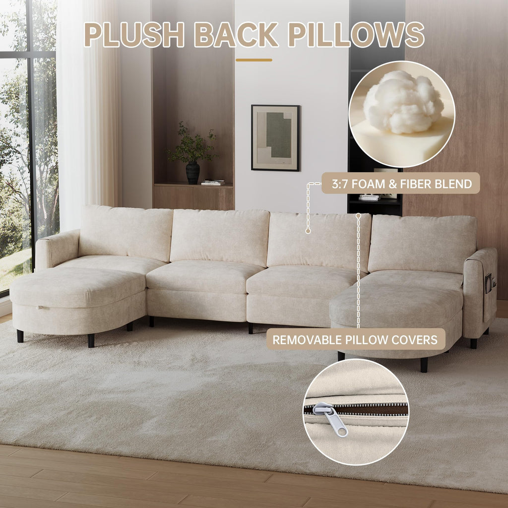 139" Beige White Sectional Couch U Shaped Sofa