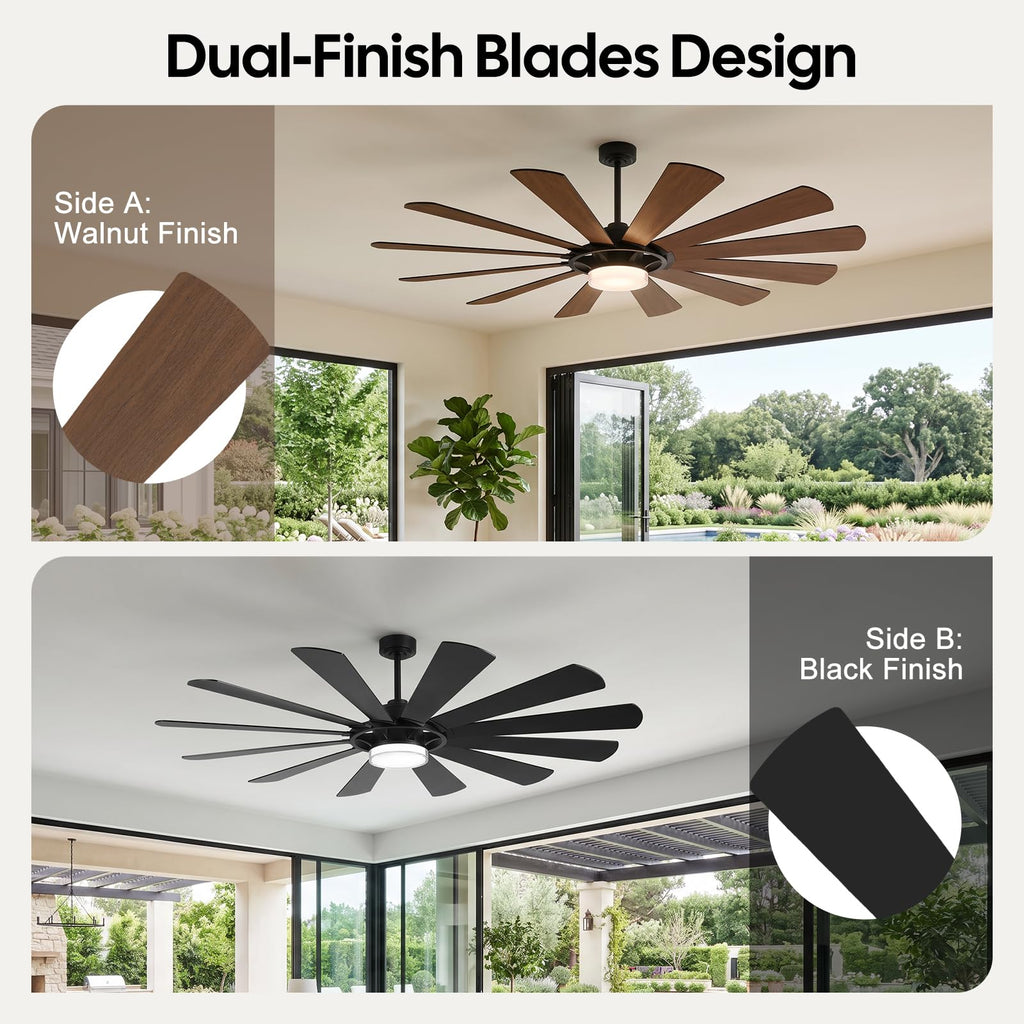 62 Inch Farmhouse Ceiling Fan with Light and Remote, 12 Blade Dual-Finish