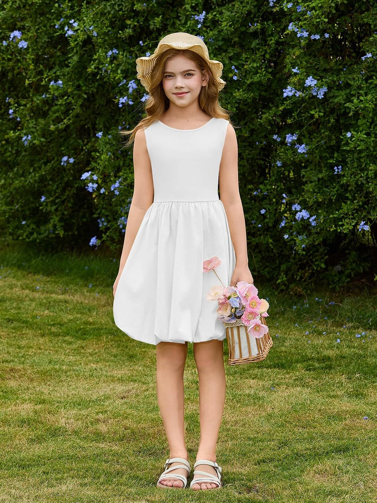 Girls Summer Sleeveless Bubble Dress Kids Cute Crew Neck Tank Mini Dresses with Pockets