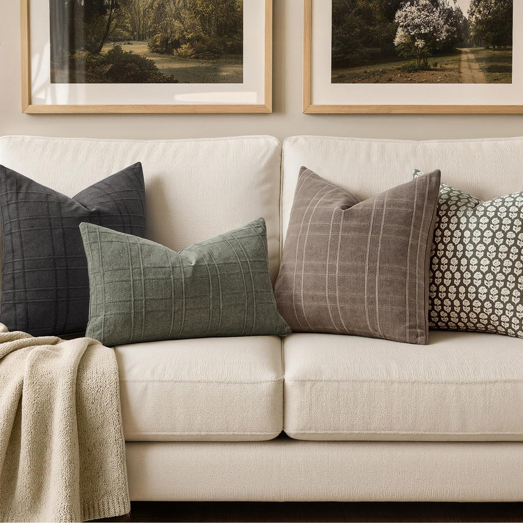 Linen Plaid Pillow Covers Fall Decorative 20x20 Taupe