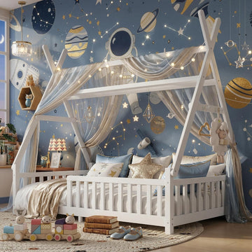 Full Tent-Shaped Bed for Kids with LED Light, Teepee Floor Bed with Guardrails, Wooden Montessori Bed Frame