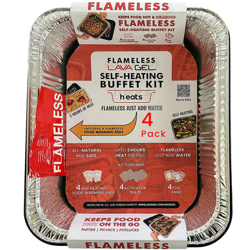 Self-Heating Buffet Kit - Flameless Food Warmer Set for Parties - Includes 4 Trays, 4 Half-Size Heat Pads & Foil Pans