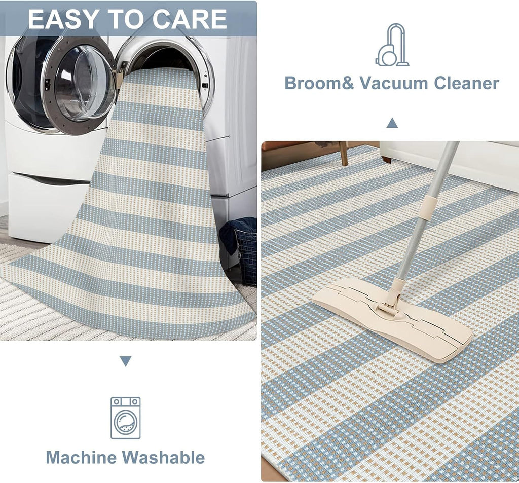 Layering Rug for Front Porch 2x4.3 Cute Welcome Mat Outside Entrance | Washable Front Door Mat, Blue White and Tan