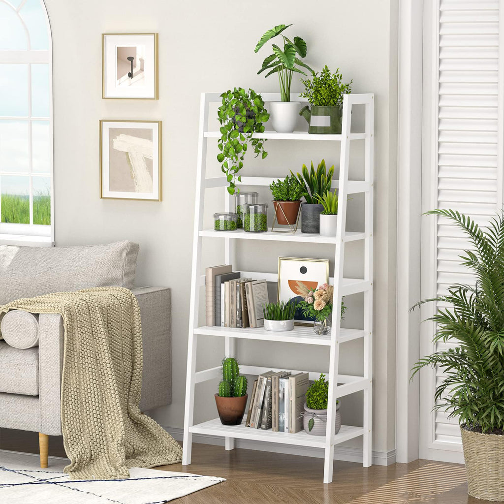 White Ladder Shelf, Bamboo 4-Tier Bookshelf & Bookcase Organizer