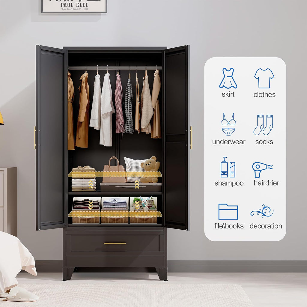 Steel Armoire Wardrobe Closet with Mirror Door and Drawer 71" Black | Household Wardrobe Cabinet with Hanging Rod