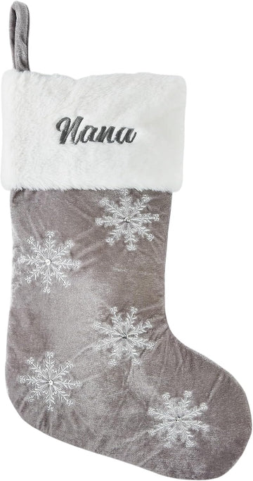 Gray & Silver Snowflake Stocking with Faux Fur Cuff (Free Customization), Luxury Christmas Stocking with Embroidered
