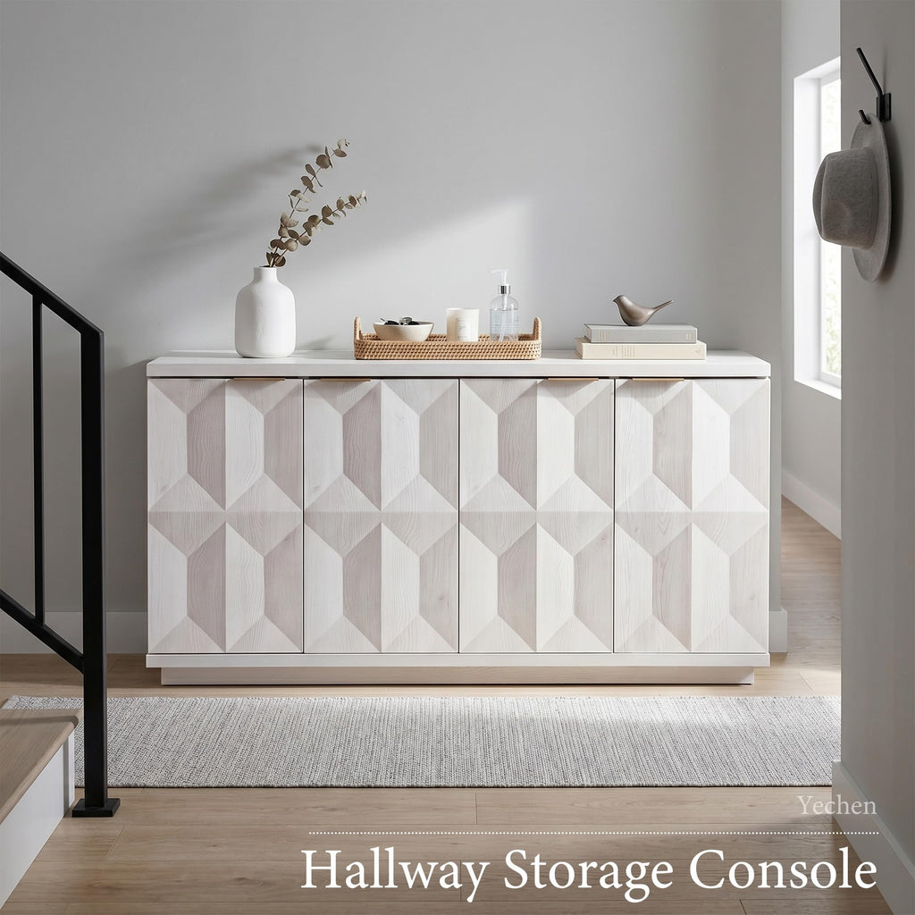 59"W Sideboard Buffet Cabinet with 3D Geometric Doors, White Oak