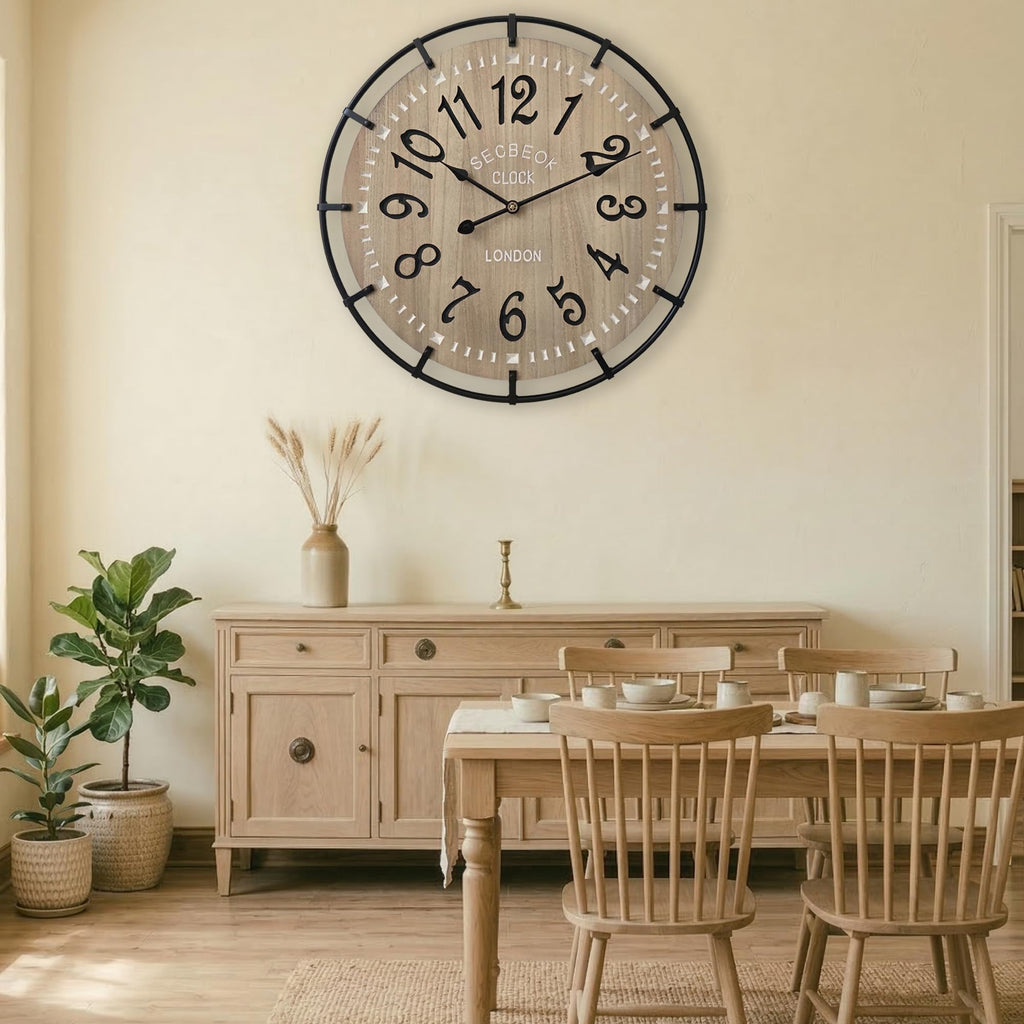 24 Inch Large Farmhouse Wall Clock, Metal Rustic Wood with Silent Quartz Movement, Easy Read Arabic Numerals, Battery