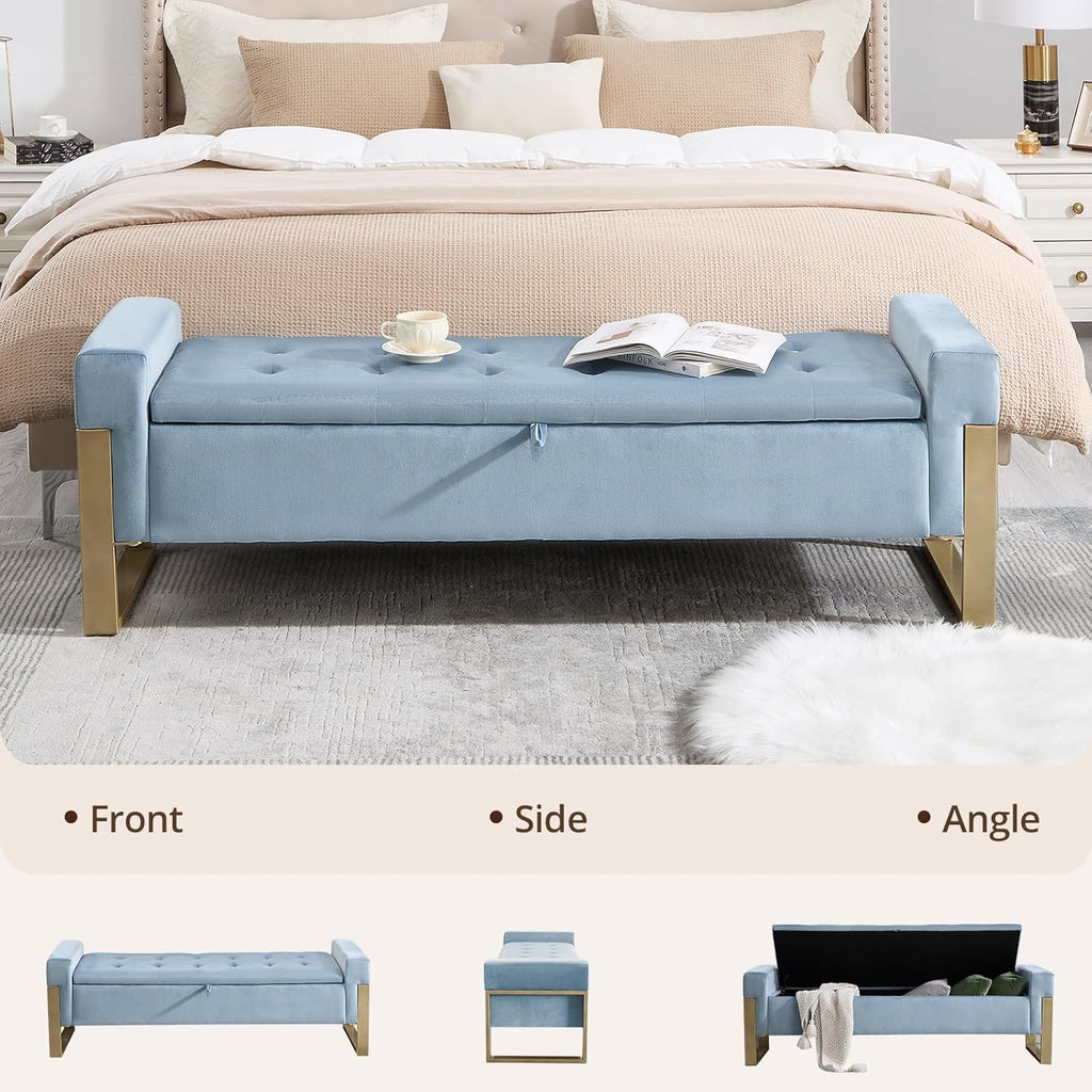 67'' End of Bed Storage Bench, Storage Ottoman Bench King Size, Modern Velvet Bed Benches for Foot of Beds with Gold