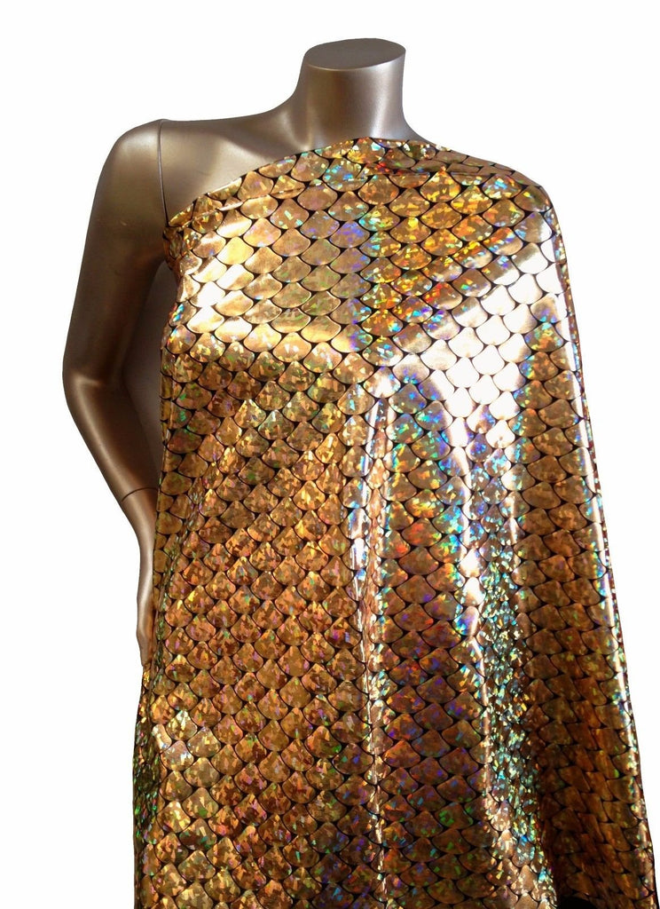 Shiny Holographic Foil Mermaid Scales Pattern on Black Stretch Nylon Spandex Shiny Tricot Fabric by The Yard (Gold)