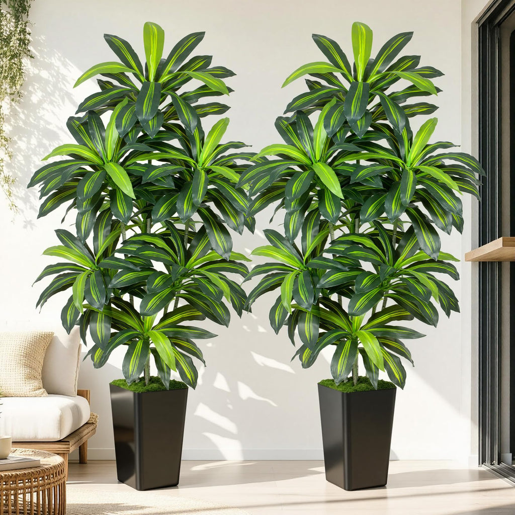 7FT Artificial Dracaena Tree - High-Density Foliage Fake Plant with Black Tall Planter - Faux Yucca Floor Plant Decor