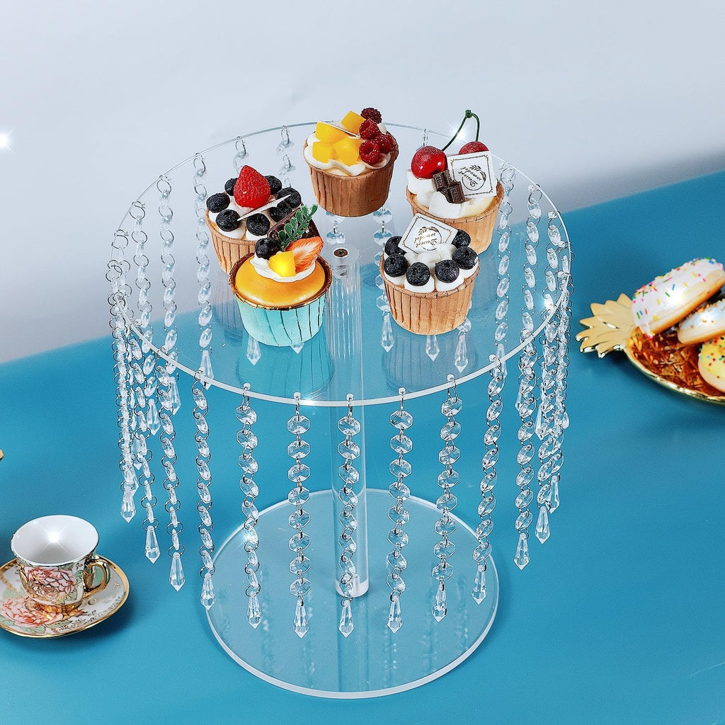 Round Cake Stand - 12 Inch Diameter Acrylic Dessert Display Stand with Crystal Chandelier, Cupcakes Serving Plate